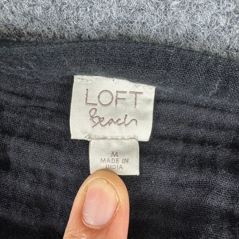 Loft Beach Dress Womens Size M Black Cotton Gauze Button Front Tie Waist Midi - Picture 2 of 5